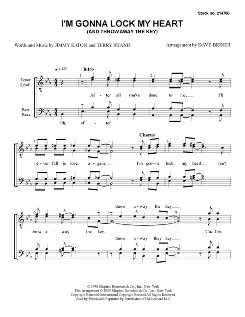 I'm Gonna Lock My Heart (And Throw Away The Key) (TTBB) (arr. Briner)