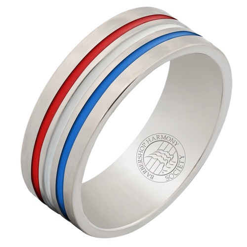The Barbershop Ring-8mm is a Colbalt Chrome band with Red, White and Blue Colors, Scratch Resistant, Comfort fit with polished finish, Lifetime Warranty and the Barbershop Harmony Society Seal engraved on the inside of the band. You may choose to add an additional 25 characters of engraving to the inside. The Barbershop Ring-8mm is a Colbalt Chrome band with Red, White and Blue Colors, Scratch Resistant, Comfort fit with polished finish, Lifetime Warranty and the Barbershop Harmony Society Seal engraved on the inside of the band. You may choose to add an additional 25 characters of engraving to the inside.