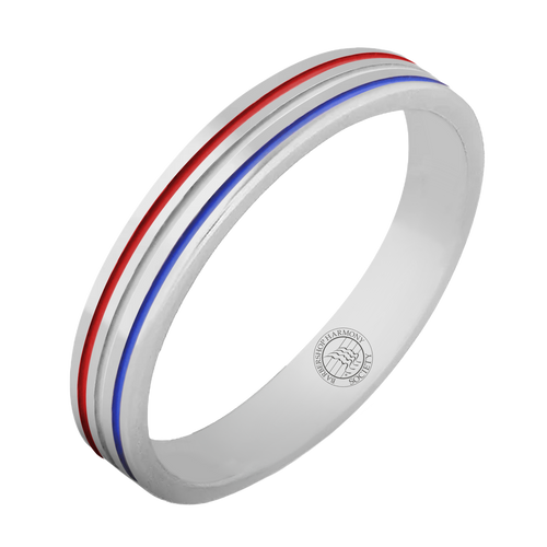 The Barbershop Ring-6mm is a 6mm Colbalt Chrome band with Red, White and Blue Colors, Scratch Resistant, Comfort fit with polished finish, Lifetime Warranty and the Barbershop Harmony Society Seal engraved on the inside of the band. You may choose to add an additional 25 characters of engraving to the inside.