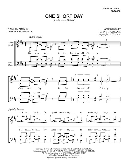 One Short Day (from WICKED) (SATB) (arr. Tramack) One Short Day (from WICKED) (SATB) (arr. Tramack)