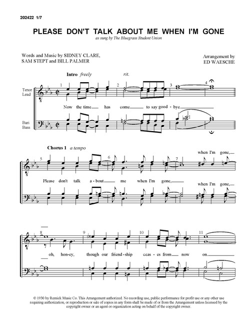 Please Don't Talk About Me When I'm Gone (TTBB) (arr. Waesche) - Download