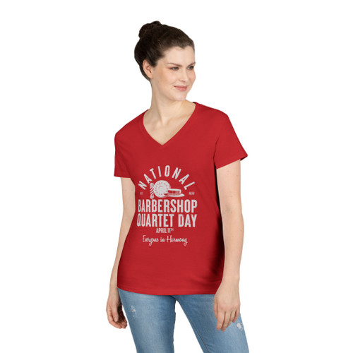 Women's V-Neck National Barbershop Quartet Day T-Shirt - Barberpole, pitch pipe, and boater hat icons - Available in Multiple Colors