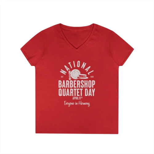 Women's V-Neck National Barbershop Quartet Day T-Shirt - Barberpole, pitch pipe, and boater hat icons - Available in Multiple Colors