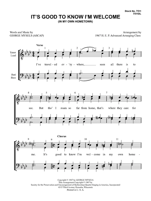 It's Good To Know I'm Welcome (In My Old Hometown) (TTBB) - Download