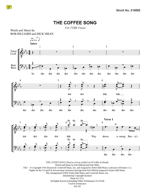 The Coffee Song (TTBB) (arr. Wessler) - Limited Quantities Available