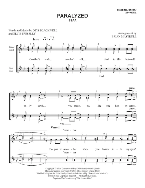 Paralyzed (SSAA) (arr. Mastrull)