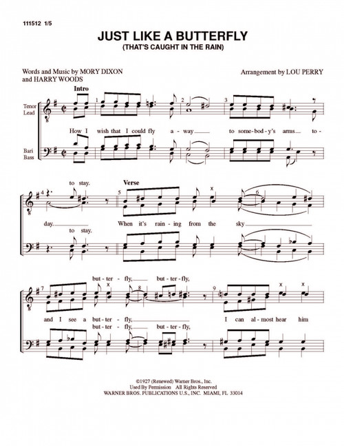 Just Like A Butterfly (TTBB) (arr. Louis Perry)-UNPUB