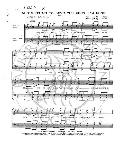 Who's Going To Love You When I'm Gone (TTBB) (arr. Jack Baird)-UNPUB