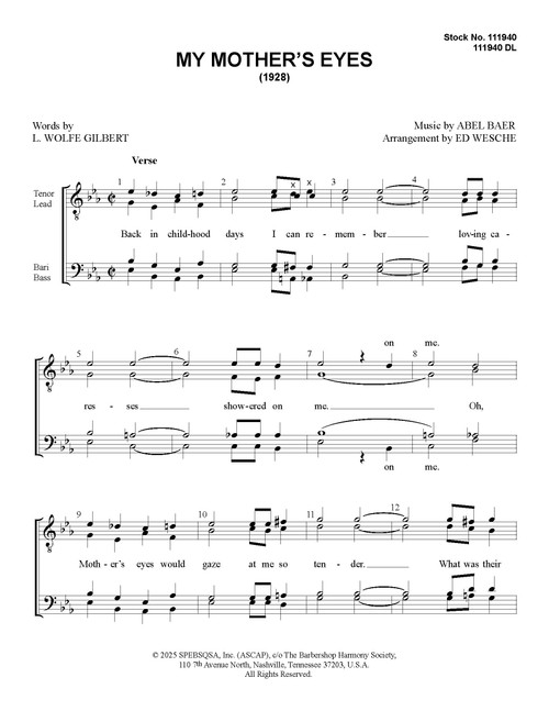My Mother's Eyes  (TTBB) (arr. Waesche)