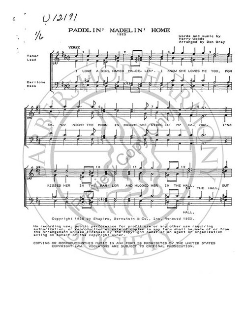 Paddlin' Madelin' Home (TTBB) (arr. Don Gray)-UNPUB