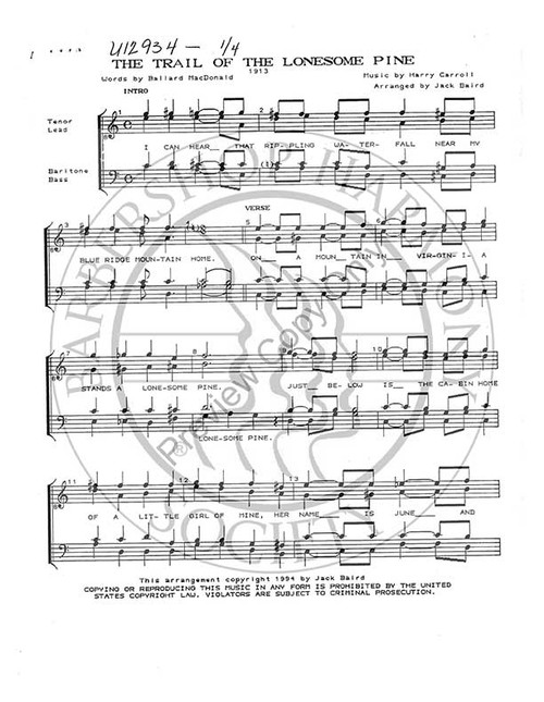 Trail Of The Lonesome Pine (TTBB) (arr. Jack Baird)-UNPUB