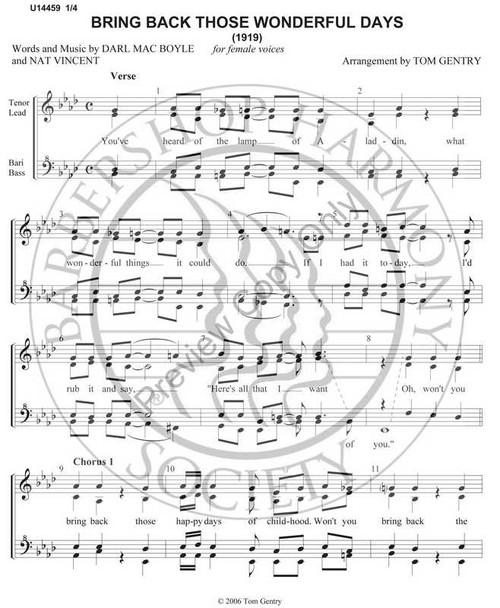 Bring Back Those Wonderful Days (SSAA) (arr. Tom Gentry)-UNPUB