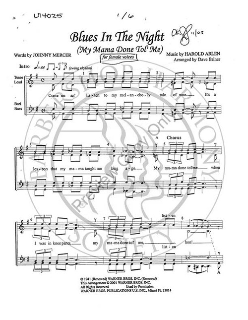 Blues In The Night (SSAA) (arr. Dave Briner)-UNPUB
