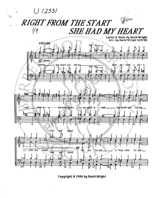 Right From The Start She Had My Heart (TTBB) (arr. David Wright)-UNPUB