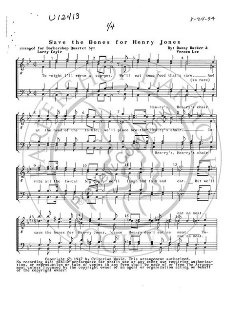 Save The Bones For Henry Jones (TTBB) (arr. L.M. Coyle)-UNPUB