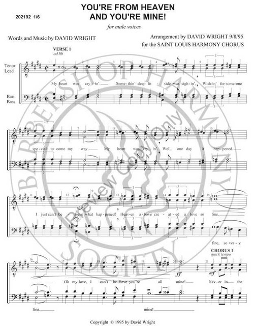 You're From Heaven And You're Mine (TTBB) (arr. David Wright)-UNPUB