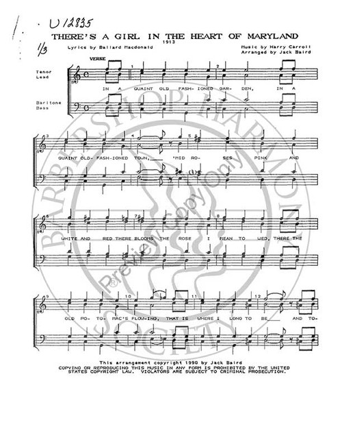 There's A Girl In The Heart Of Maryland (TTBB) (arr. Jack Baird)-UNPUB