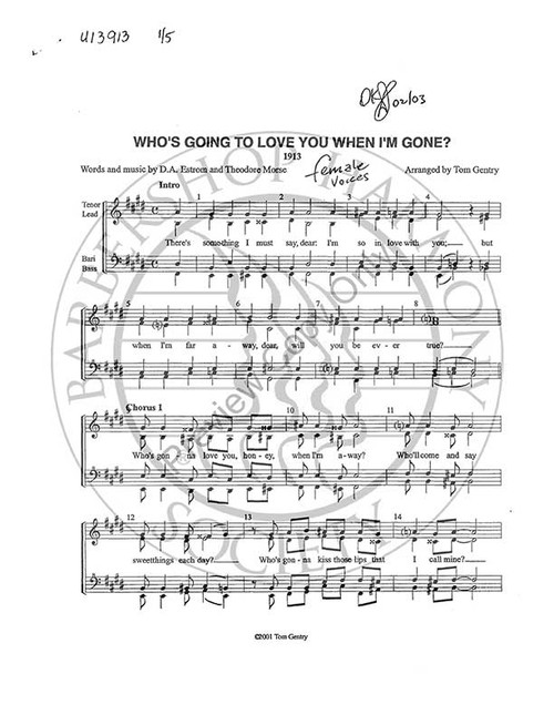 Who's Going To Love You When I'm Gone (SSAA) (arr. Tom Gentry)-UNPUB