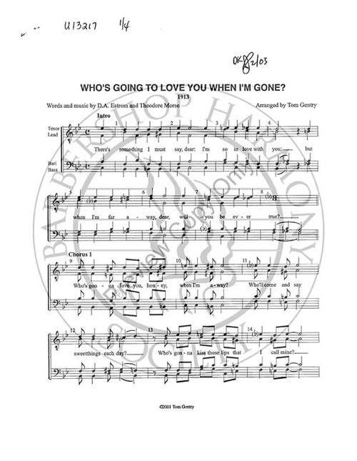 Who's Going To Love You When I'm Gone 1 (TTBB) (arr. Tom Gentry)-UNPUB