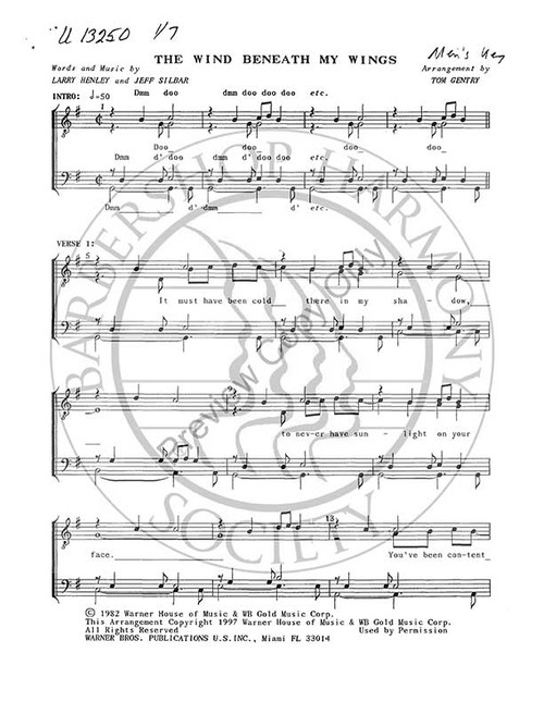 Wind Beneath My Wings (TTBB) (arr. Tom Gentry)-UNPUB