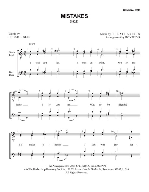 Mistakes (TTBB) (arr. Keys)