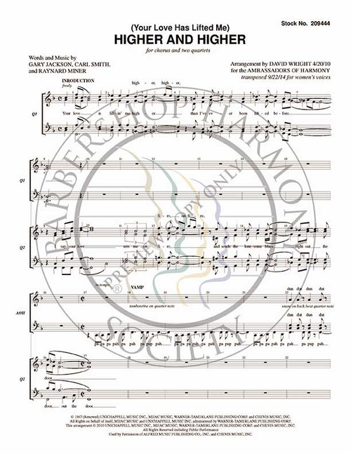 (Your Love Has Lifted Me) Higher and Higher (SSAA) - For Chorus and 2 Quartets (SSAA) (arr. David Wright)-UNPUB