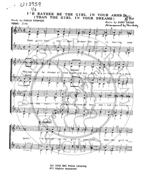 I'd Rather Be The Girl In Your Arms (SSAA) (TTBB) (arr. Tom Gentry)-UNPUB