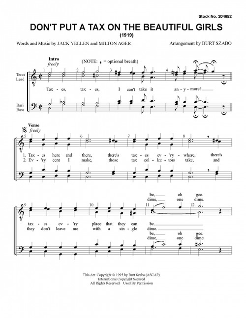 Don't Put A tax On The Beautiful Girls (TTBB) (arr. Burt Szabo)-UNPUB