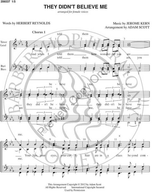 They Didn't Believe Me (SSAA) (arr. Adam Scott)-UNPUB