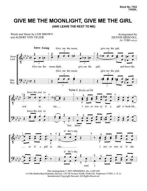 Give Me The Moonlight, Give Me The Girl (TTBB) (arr. Driscoll)
