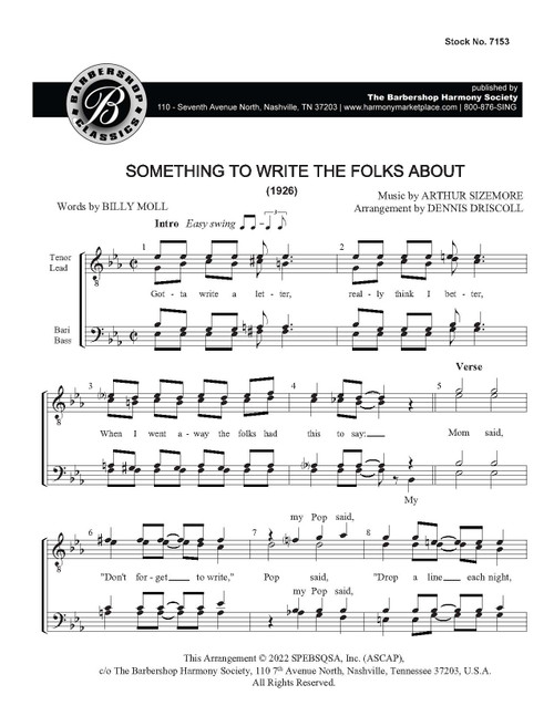 Something to Write the Folks About (TTBB) (arr. Driscoll)