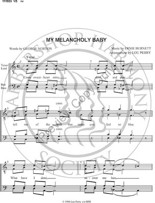 My Melancholy Baby (TTBB) (arr. Louis Perry)-Download-UNPUB