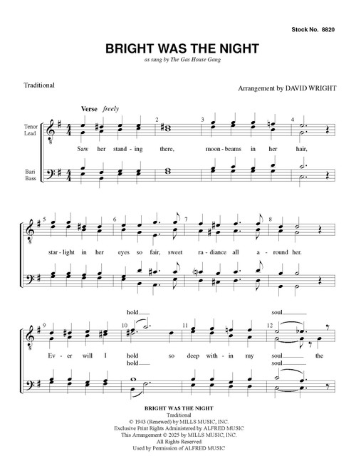 Bright Was the Night (TTBB) (arr. Wright) 