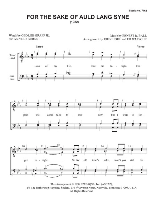 For The Sake Of Auld Lang Syne (TTBB) (arr. Hohl/Waesche)