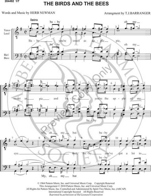 The Birds And The Bees (TTBB) (arr. TJ Barranger)-Download-UNPUB