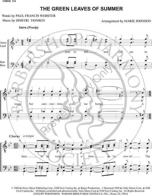 Green Leaves Of Summer (TTBB) (arr. Marie Johnson)-Download-UNPUB