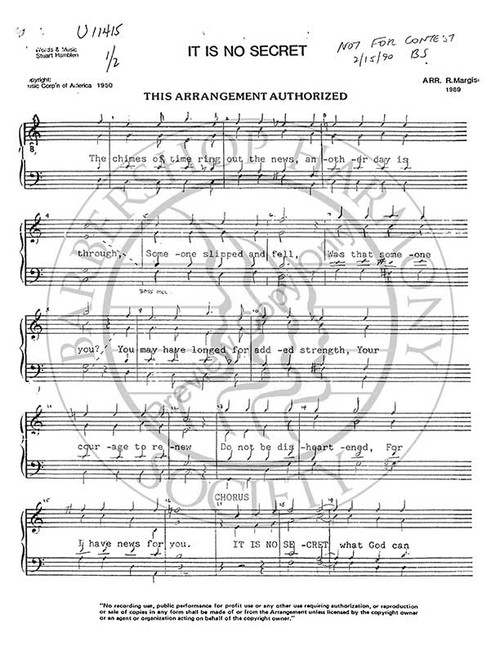 It Is No Secret (TTBB) (arr. R. J. Margison)-Download-UNPUB