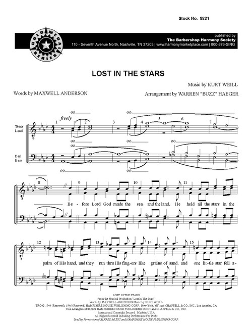 Lost In The Stars (TTBB) (arr. Haeger)