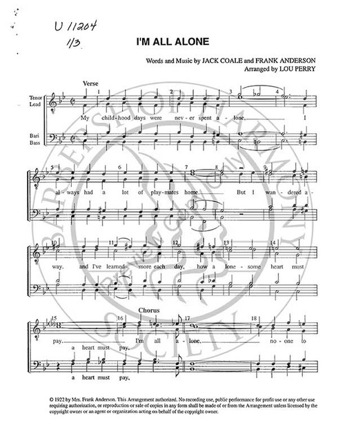 I'm All Alone (TTBB) (arr. Louis Perry)-Download-UNPUB