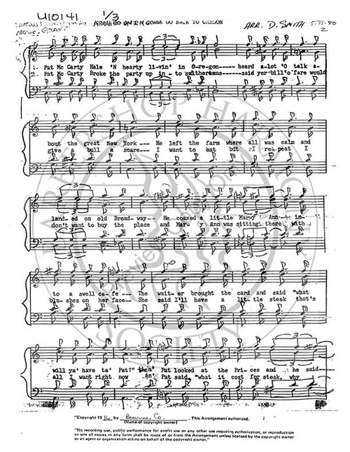 Arrah Go On I'm Gonna Go Back To Oregon (TTBB) (arr. Douglas Smith)-Download-UNPUB