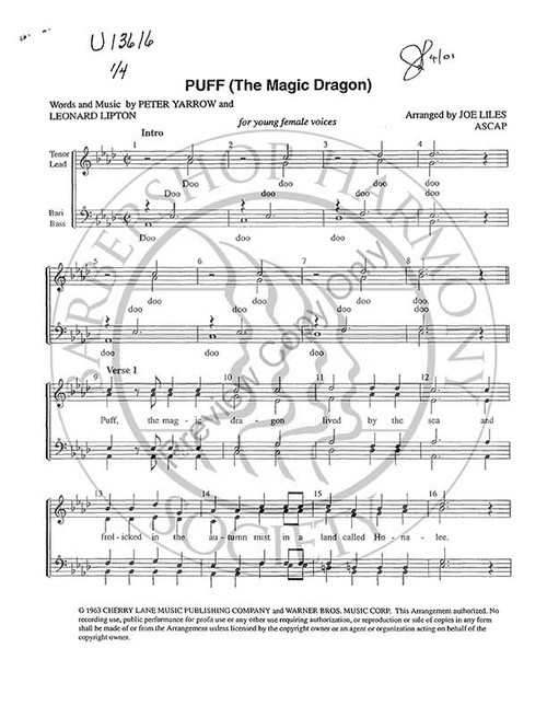 Puff The Magic Dragon (SSAA) 1 (arr. Joe Liles)-Download-UNPUB