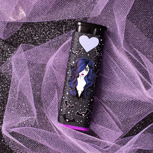 A black spooky themed lighter with a vampire girl with purple hair and bat wings, the lighter also has little bats with hearts and a bigger purple heart, there is little white stars all around the lighter.