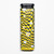 A yellow windproof refillable lighter with a pattern of a distorted checkerboard, daisy flowers, and hearts.