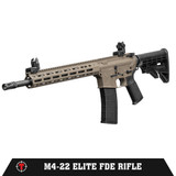 Tippmann Arms M4-22 Elite FDE .22LR tactical rifle with 16 inch barrel, flip-up sights, M-LOK handguard, and adjustable stock isolated on white background