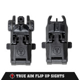 A clear, full view of both the front and rear flip-up sights displayed side by side. The sights are constructed of durable metal with a matte black finish, shown in the deployed position to highlight their compact and precise design.
