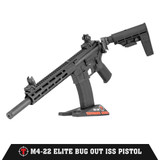 Primary product image of the Tippmann Arms M4-22 Elite Bug Out ISS Pistol displayed on a Tippmann Arms branded stand, featuring an integrally suppressed barrel, M-LOK handguard, polymer magazine, and Folding T5 Armbrace.
