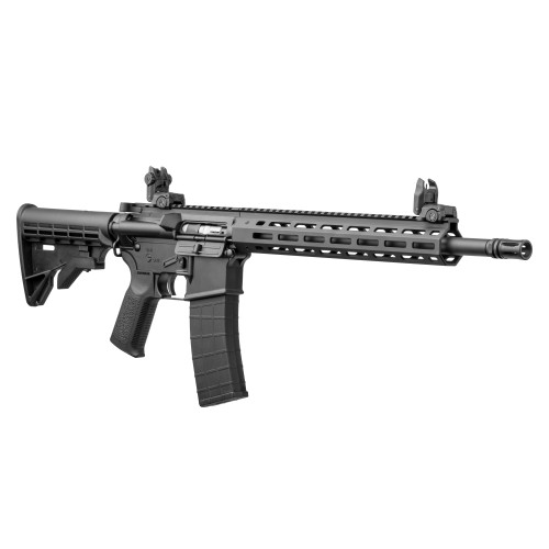 Tippmann Arms M4-22 Elite Tactical Rifle angled front-right view showing M-LOK handguard, flip-up iron sights, and textured grip.
