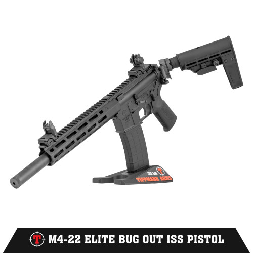 Primary product image of the Tippmann Arms M4-22 Elite Bug Out ISS Pistol displayed on a Tippmann Arms branded stand, featuring an integrally suppressed barrel, M-LOK handguard, polymer magazine, and Folding T5 Armbrace.