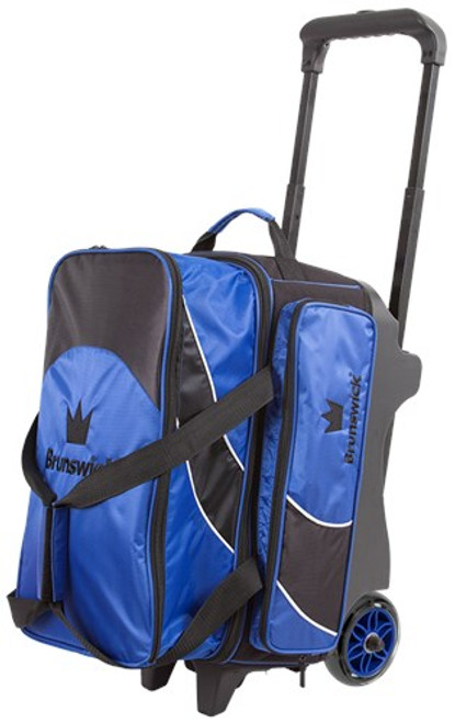 Check out the Brunswick Edge Double Roller bowling bag! This bag is a step up from basic due to higher quality materials, larger pockets, and better features. Not only does this bowling bag carry 2 bowling balls, shoes up to a men's size 17, and accessories but it also has a 5-year limited manufacturer's warranty. Whoa! What more do you need?

Color: Blue/BlackPremium flush retractable handle system5 inch PVC wheels with matching hub colorsExtra large front zippered pocketHolds up to size 17 men's shoeEmbroidered logos600D/840D fabrics5-Year Limited Warranty