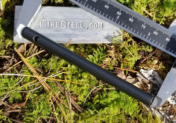 All of our FireSteel.com Survival model rods are 5/16" in diameter and are sold in 3.15" and 4" lengths and with an optional lanyard hole pre-drilled for you.  Shown here is the 4" long model with lanyard hole.  (Magnesium bar, caliper, moss and bits of bark not included.)
